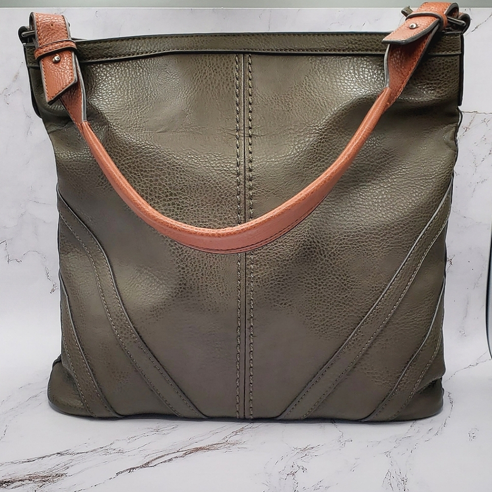 Elegant Moss Green and Tan Women's Vegan Leather Tote Bag